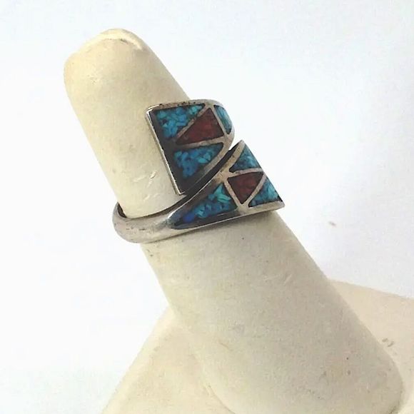 Sterling Silver Crushed Turquoise and Coral Inlay Split Shank Wrap Ring Sz 7 - Picture 3 of 4